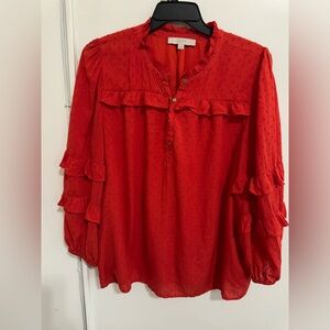 LOFT Coral Bright Orange Swiss Dot Ruffle Detail Long Tiered Sleeve Blouse XL